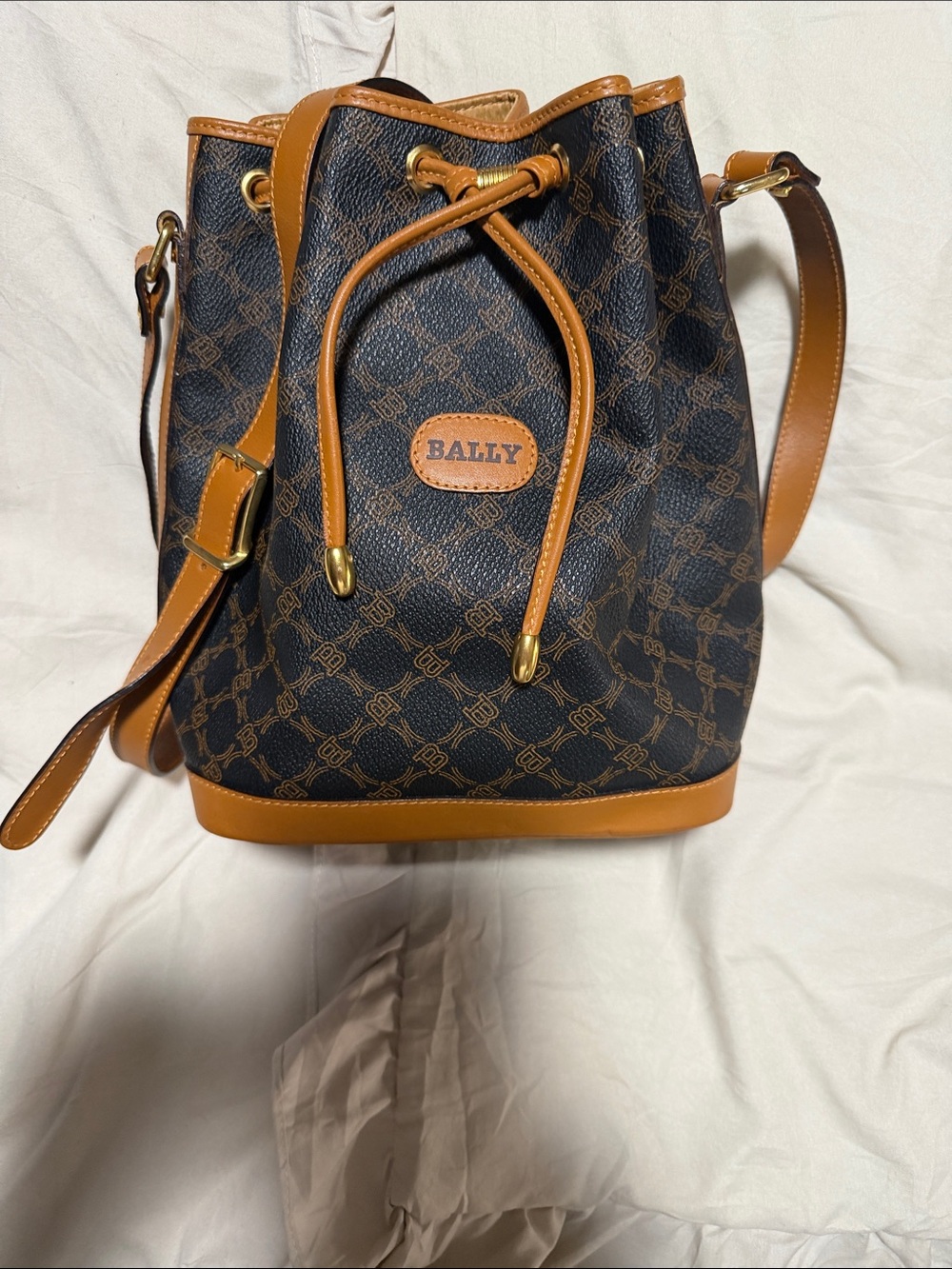 Bally Monogram Canvas Drawstring Bucket Bag with Tan Trim